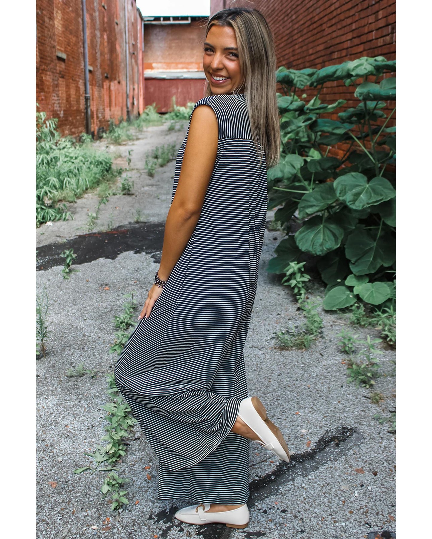 Black White Striped Print Buttoned Wide Leg Sleeveless Jumpsuit