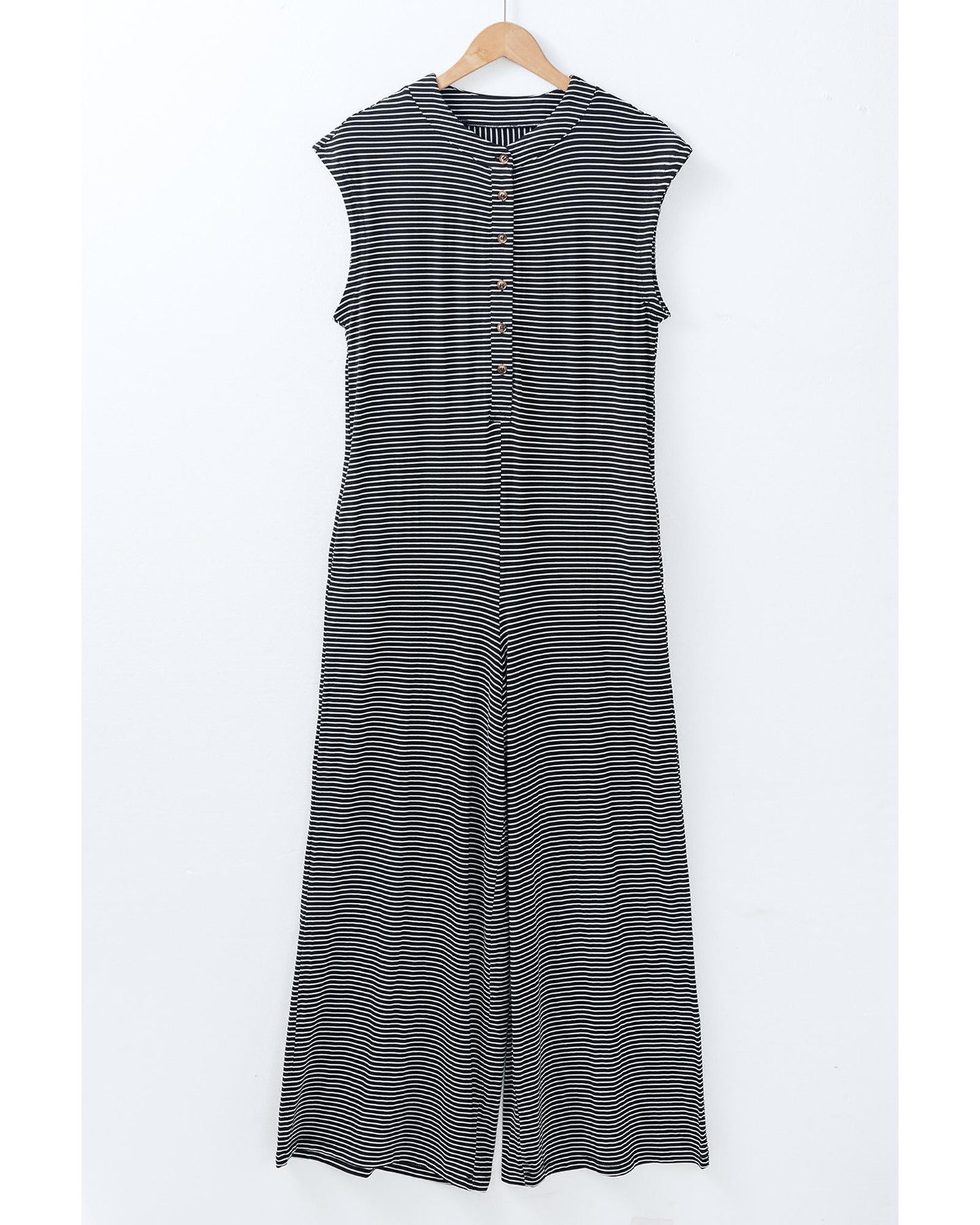 Black White Striped Print Buttoned Wide Leg Sleeveless Jumpsuit