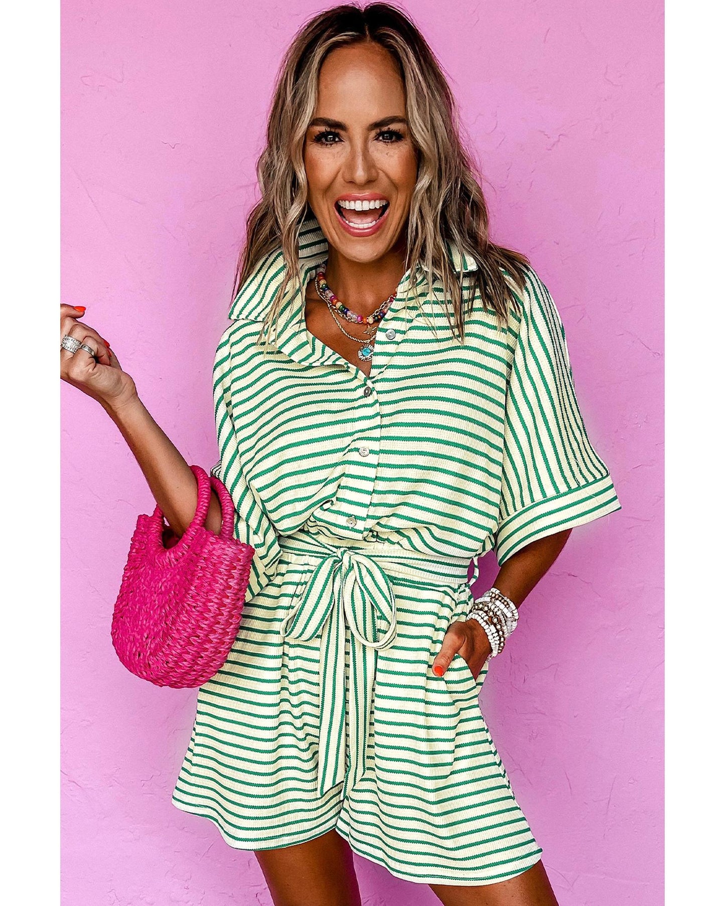 Collared Buttoned Waist Tie Romper