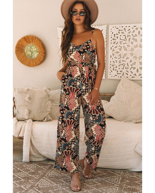 Black Floral Print Belted Wide Leg Jumpsuit