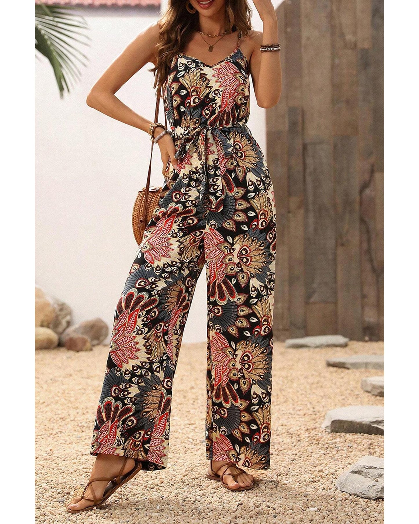 Black Floral Print Belted Wide Leg Jumpsuit