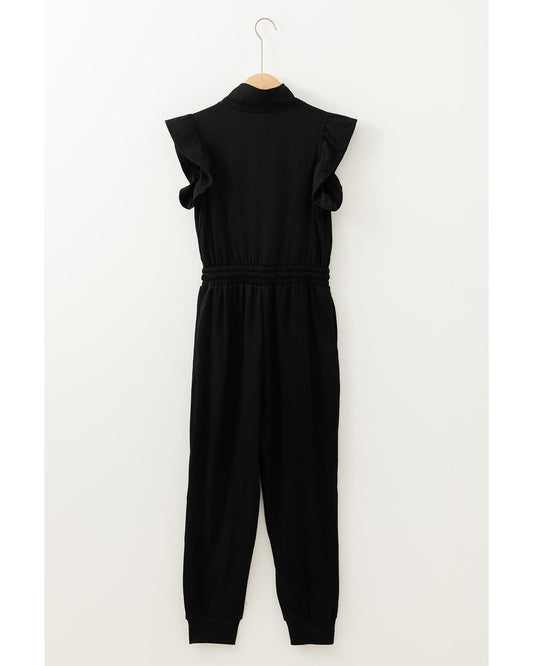 Black Zipper Flutter Sleeve Drawstring High Waist Jumpsuit