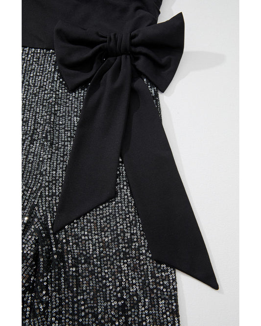 Black Sequined Tube Top Waist Knot Wide Leg Jumpsuit