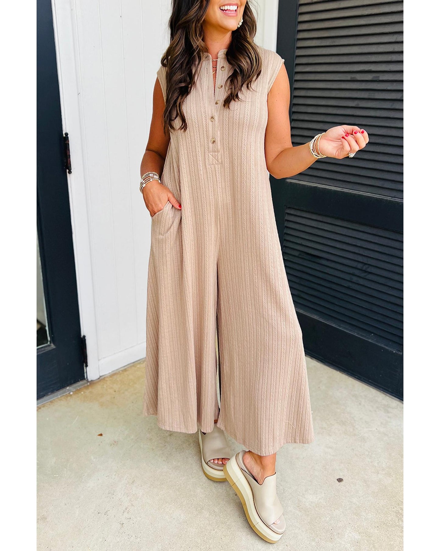 Smoke Gray Textured Buttoned Wide Leg Sleeveless Jumpsuit