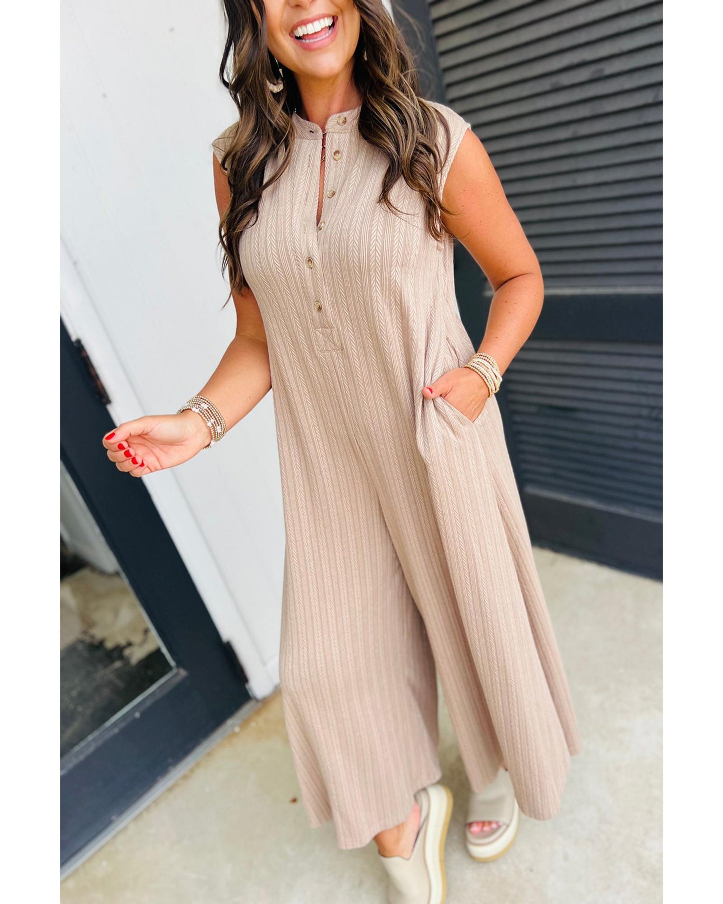 Smoke Gray Textured Buttoned Wide Leg Sleeveless Jumpsuit