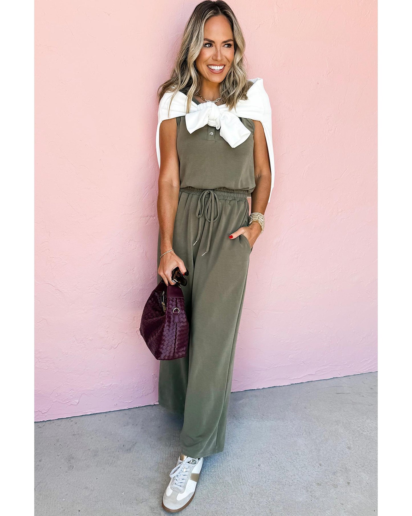 Vineyard Green Buttoned Drawstring Waist Wide Leg Jumpsuit