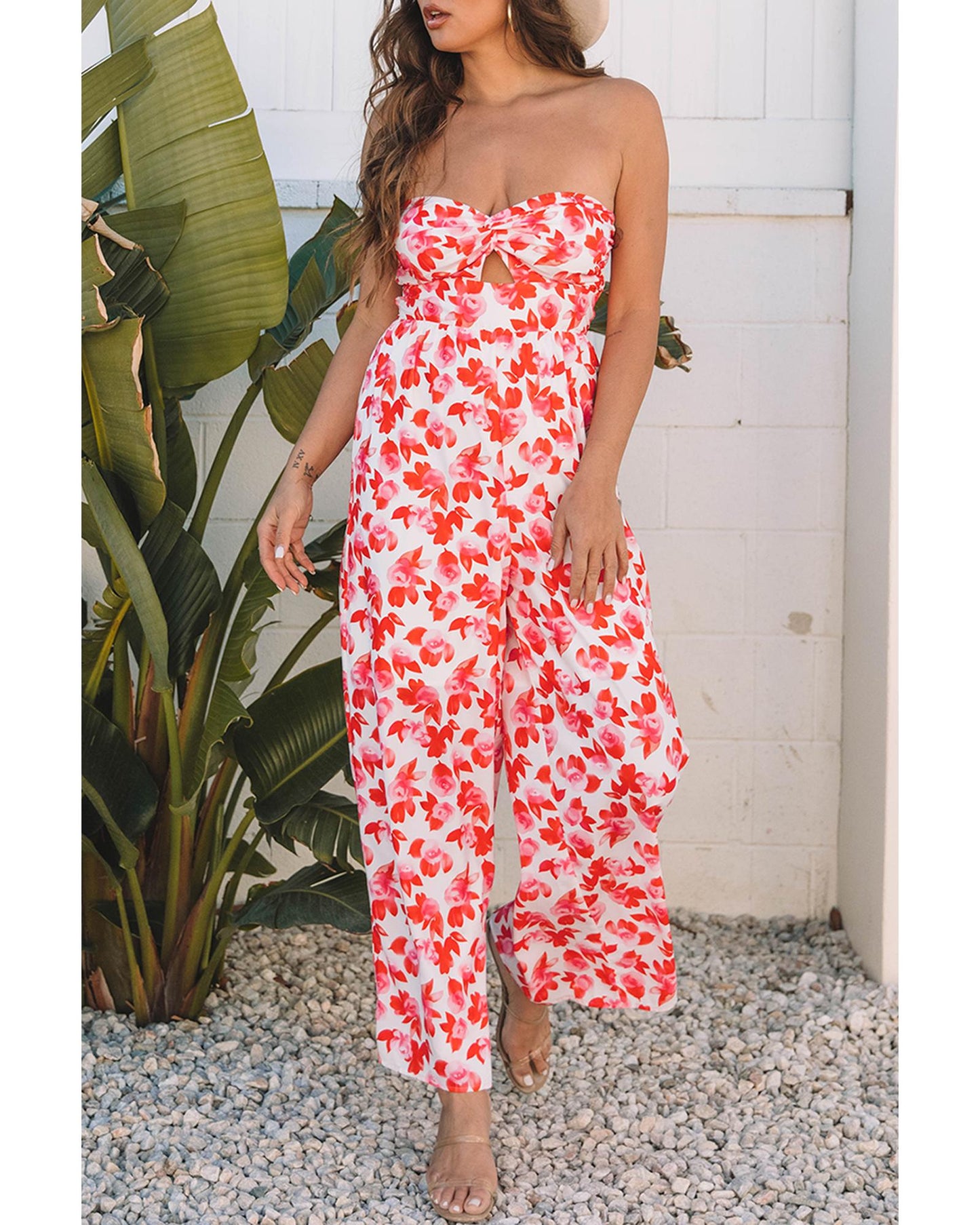 Floral Twisted Bandeau Keyhole Wide-Leg Jumpsuit