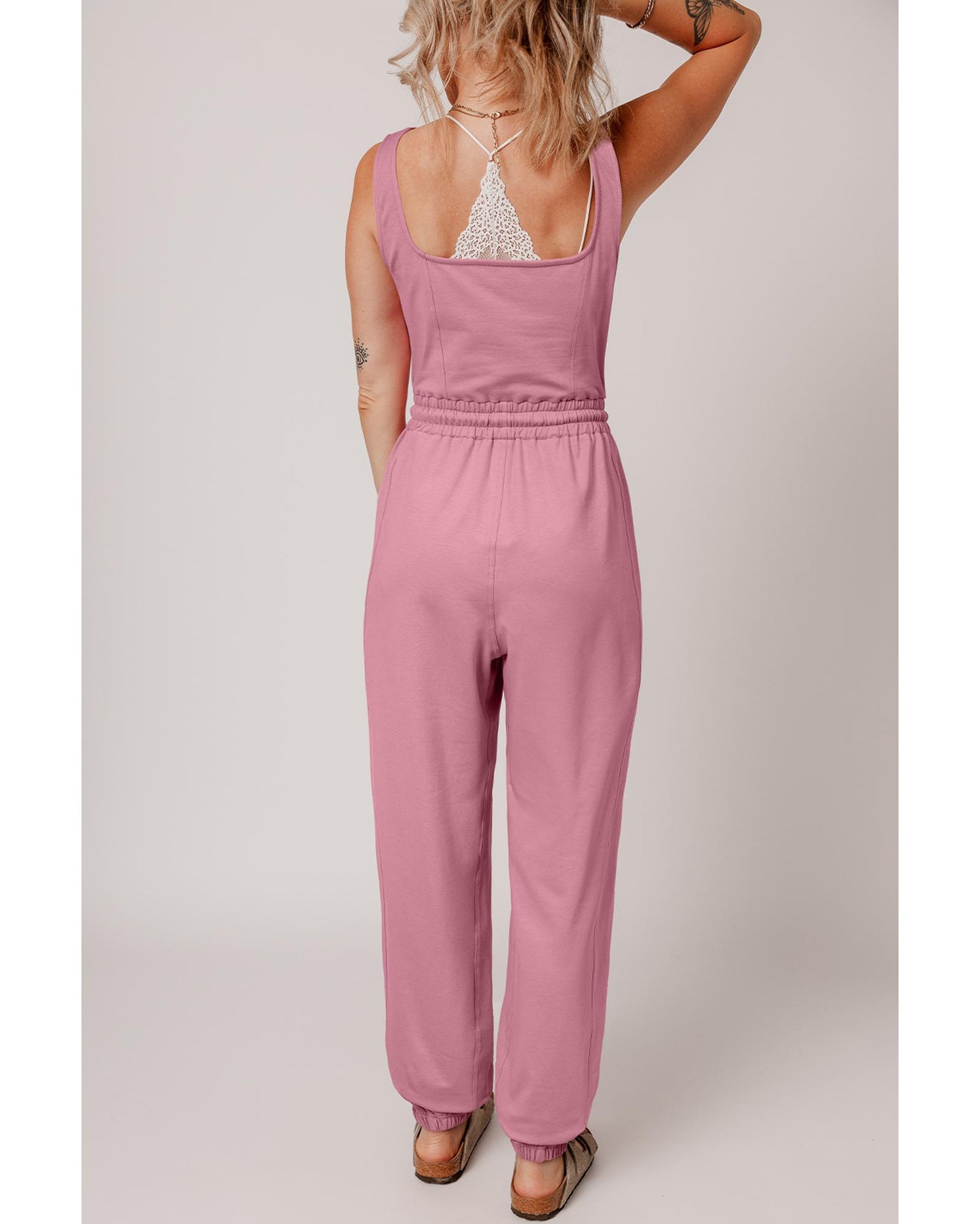 Light Pink Lace-up Elastic Waist Sleeveless Jumpsuit