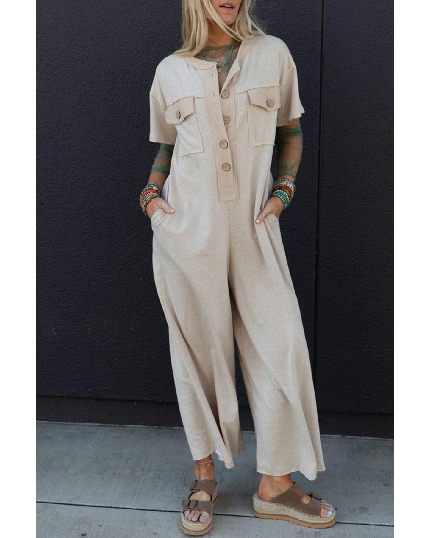 Half Placket Chest Pockets Wide Leg Jumpsuit