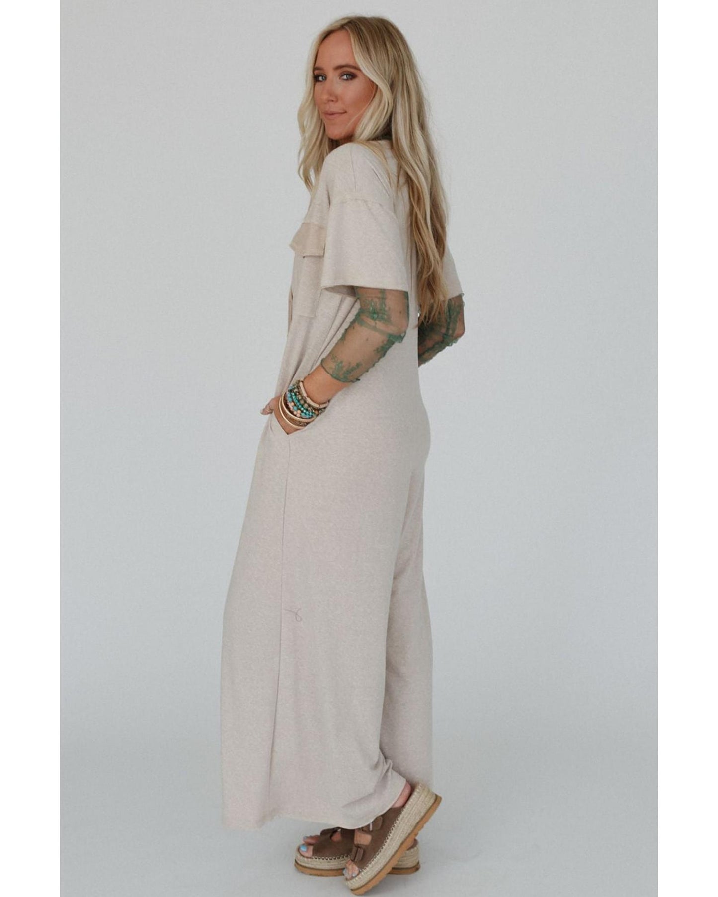 Half Placket Chest Pockets Wide Leg Jumpsuit
