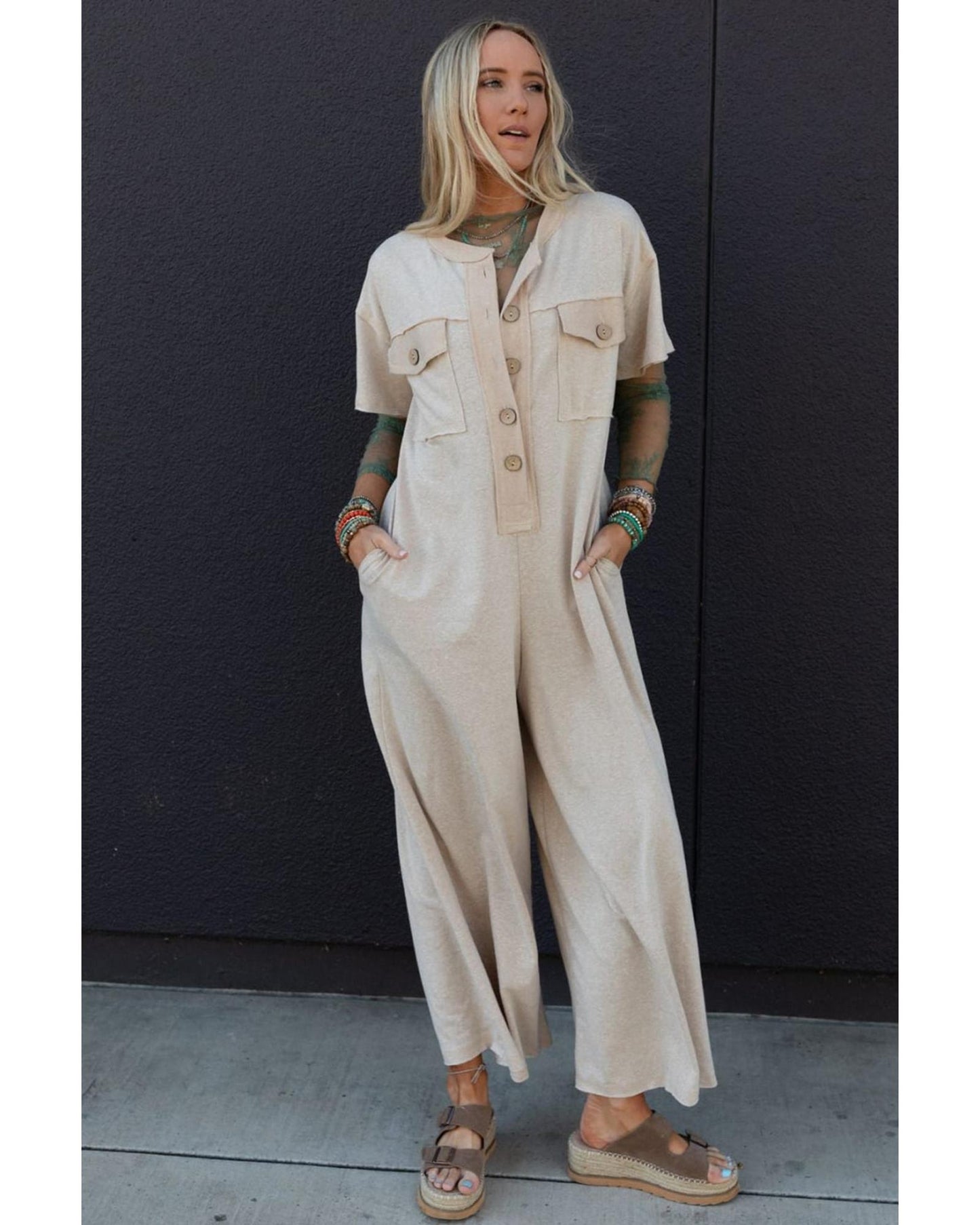 Half Placket Chest Pockets Wide Leg Jumpsuit