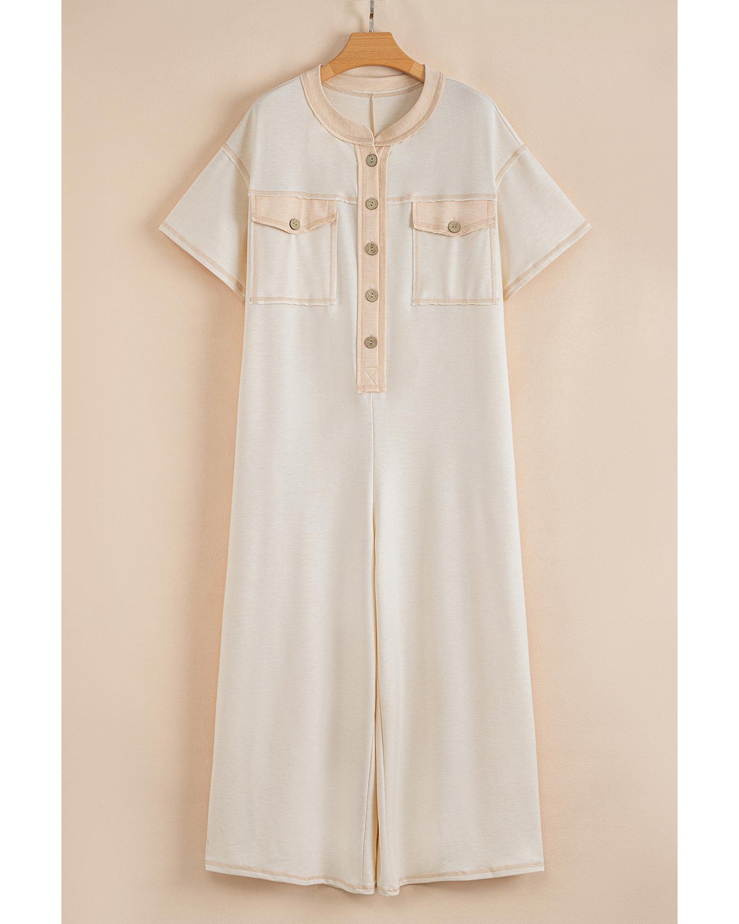 Half Placket Chest Pockets Wide Leg Jumpsuit