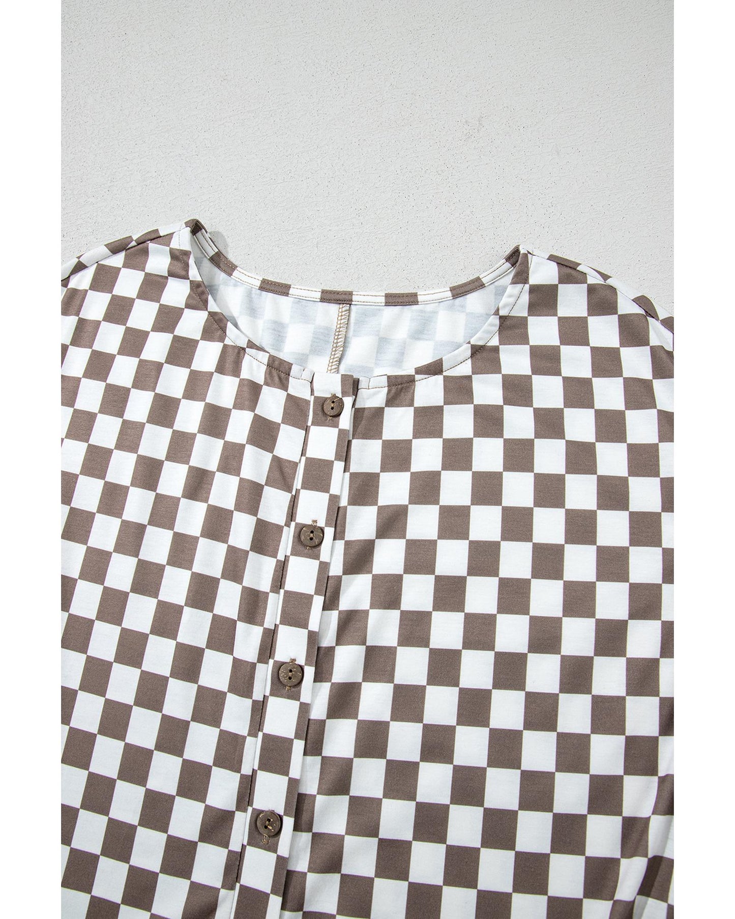 Khaki Checkered Print Buttoned Crew Neck Wide Leg Jumpsuit