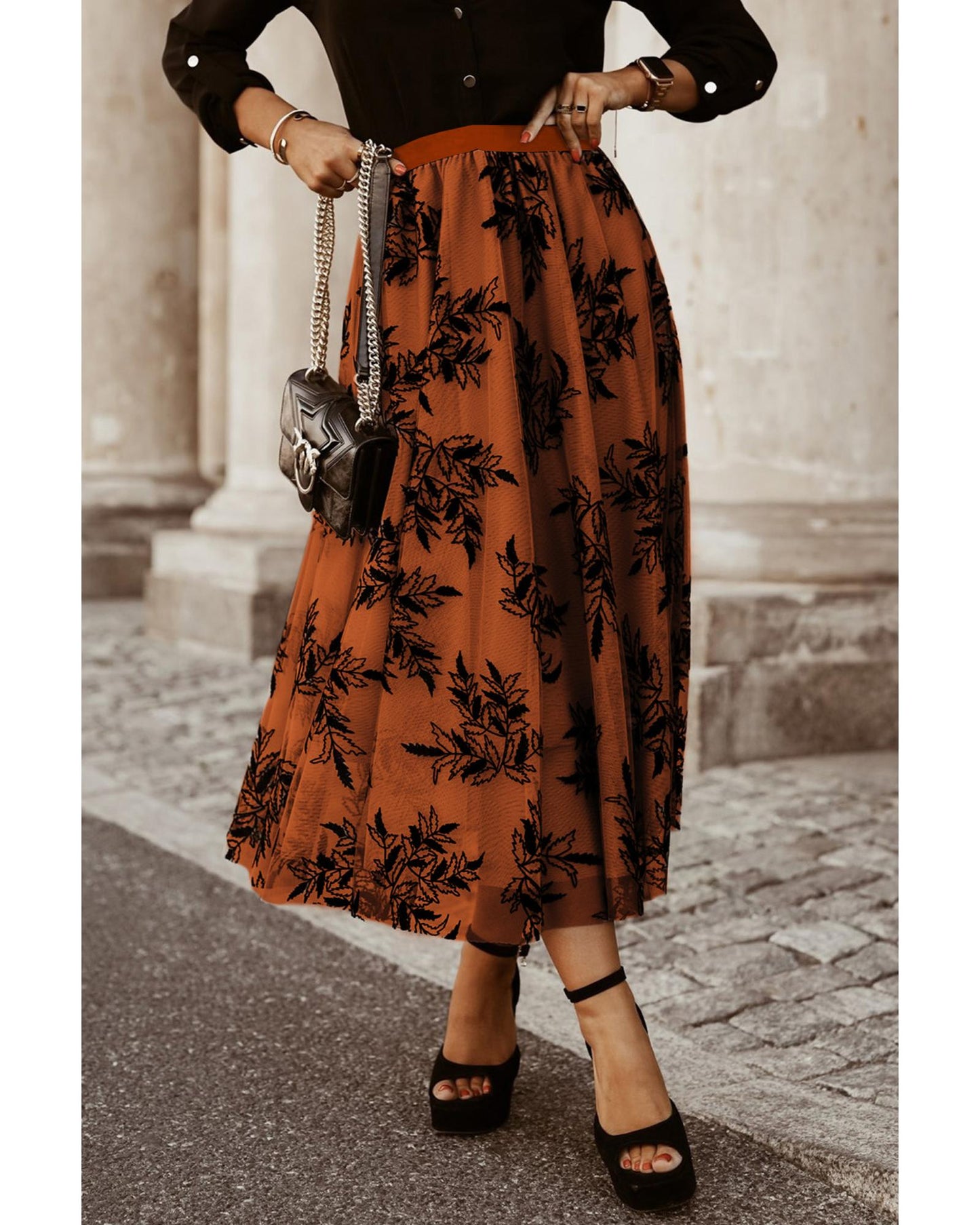 Floral Leaves Embroidered High Waist Maxi Skirt