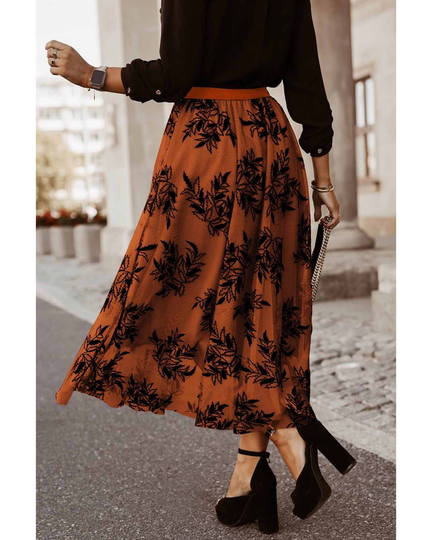 Floral Leaves Embroidered High Waist Maxi Skirt
