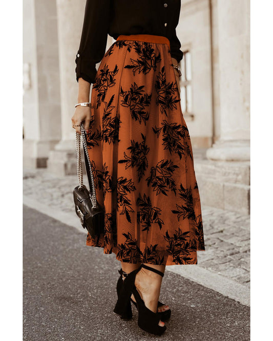 Floral Leaves Embroidered High Waist Maxi Skirt
