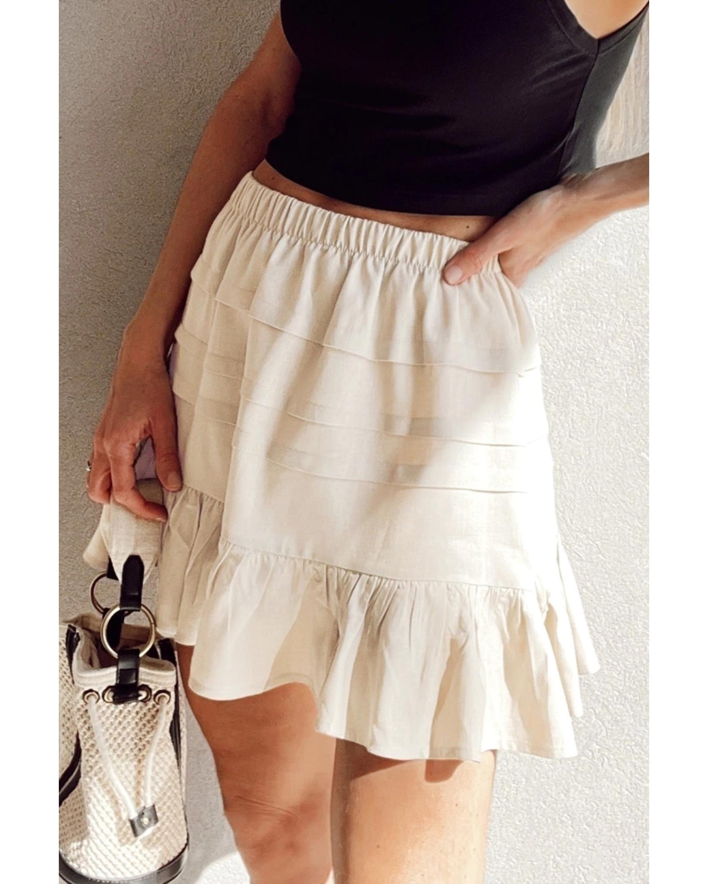 Beige Tiered Ruffled Hemline Elastic Waist Mini Skirt