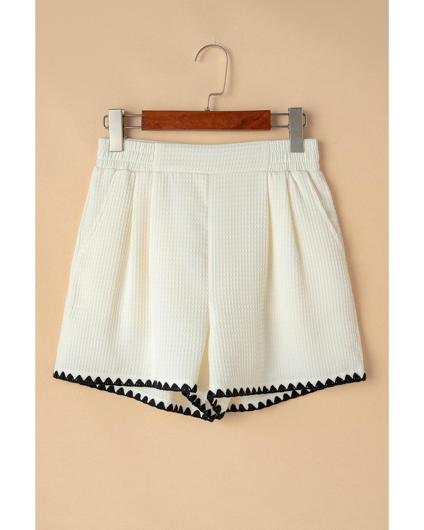 White Waffle Texture Contrast Ricrac Hemline Shorts