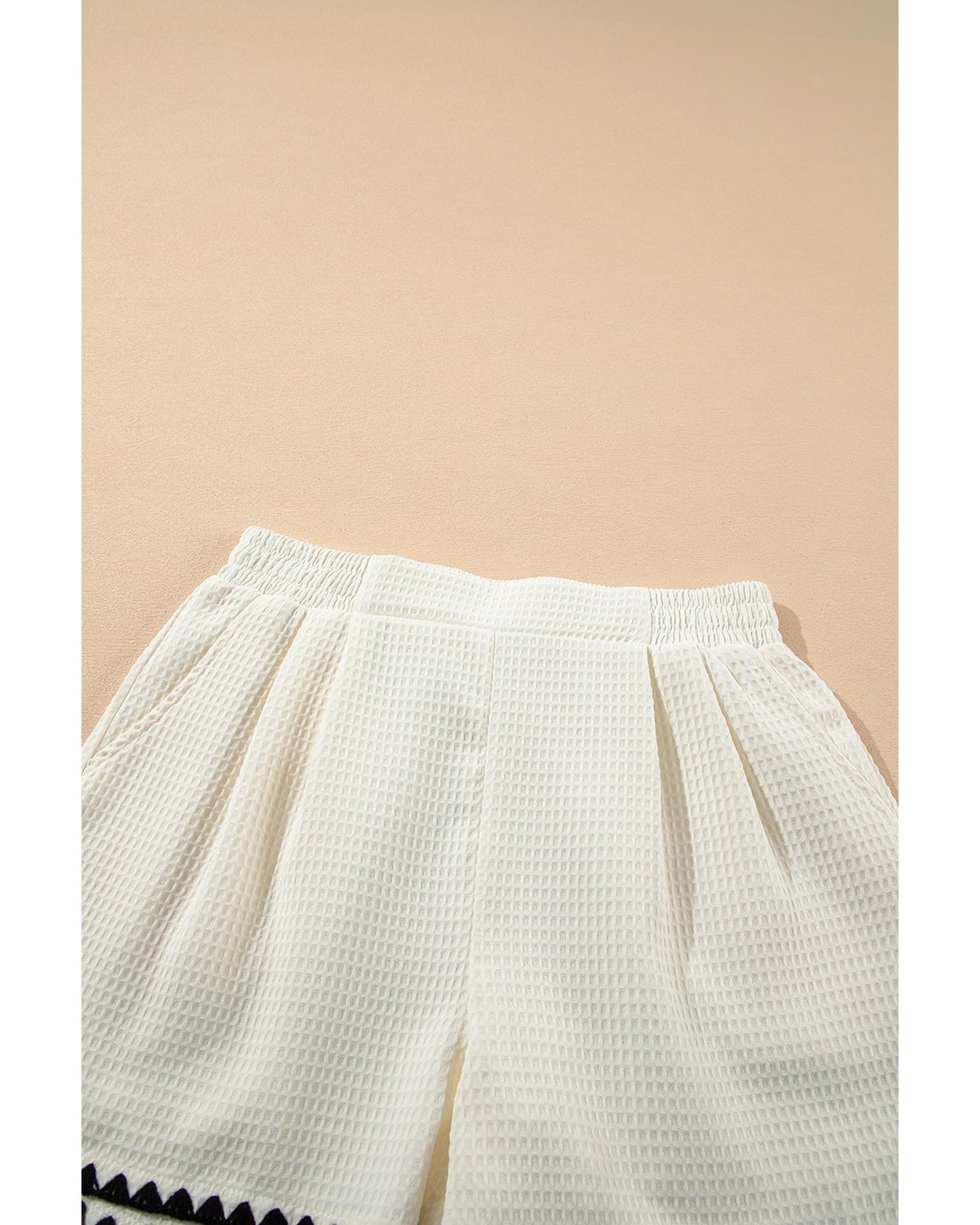 White Waffle Texture Contrast Ricrac Hemline Shorts