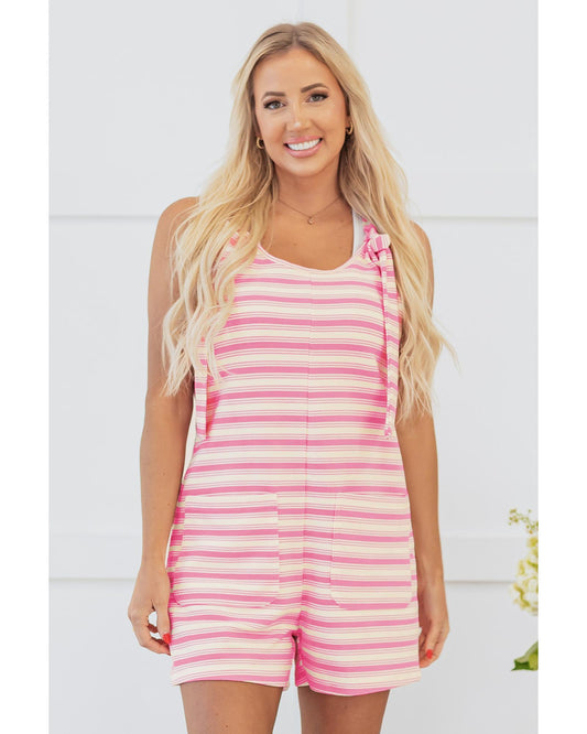 Pink Stripe Knotted Strap Patched Pocket Romper - L