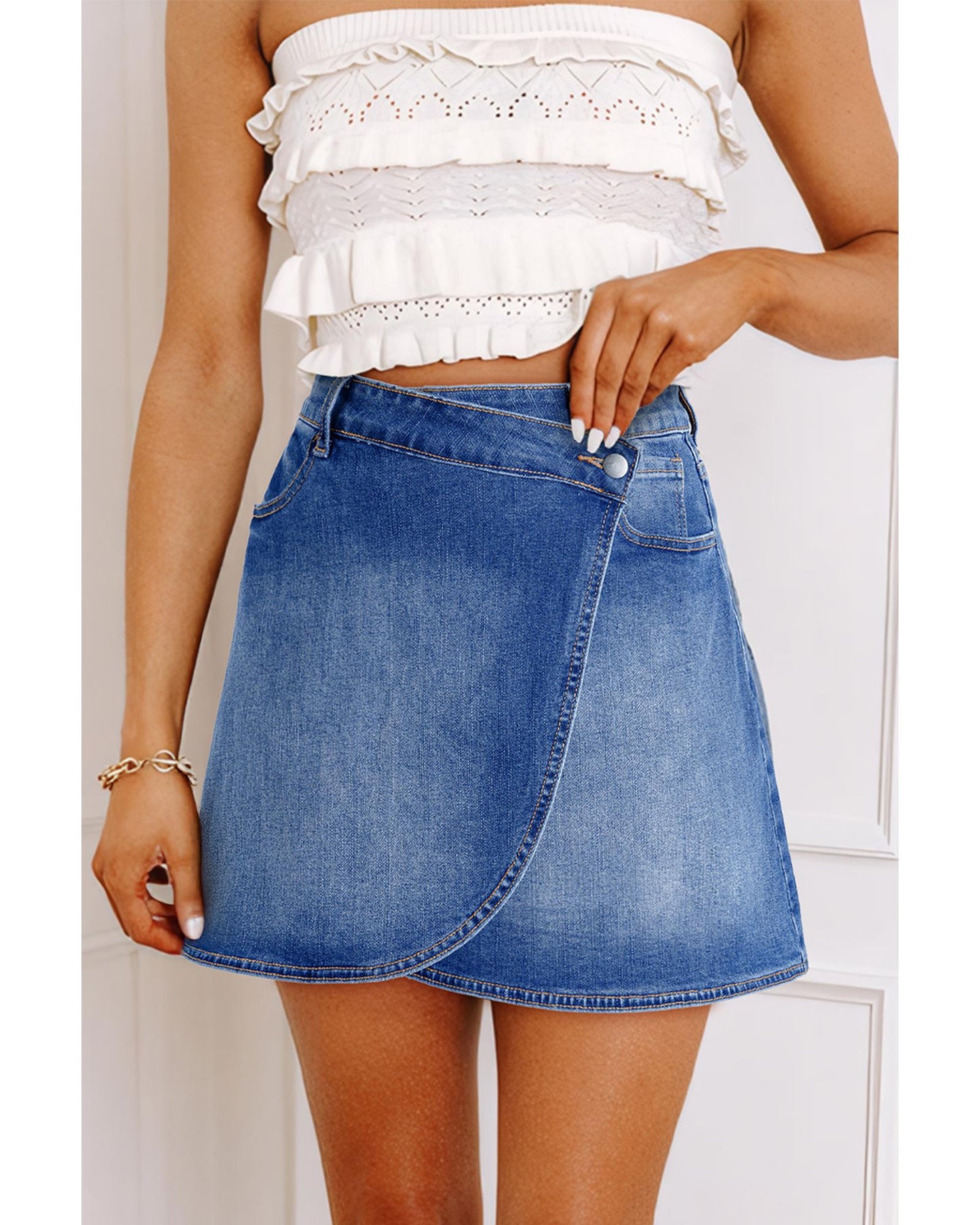 ASHLEIGH BLUE Wrapped Crossed Waist Denim Mini Skirt
