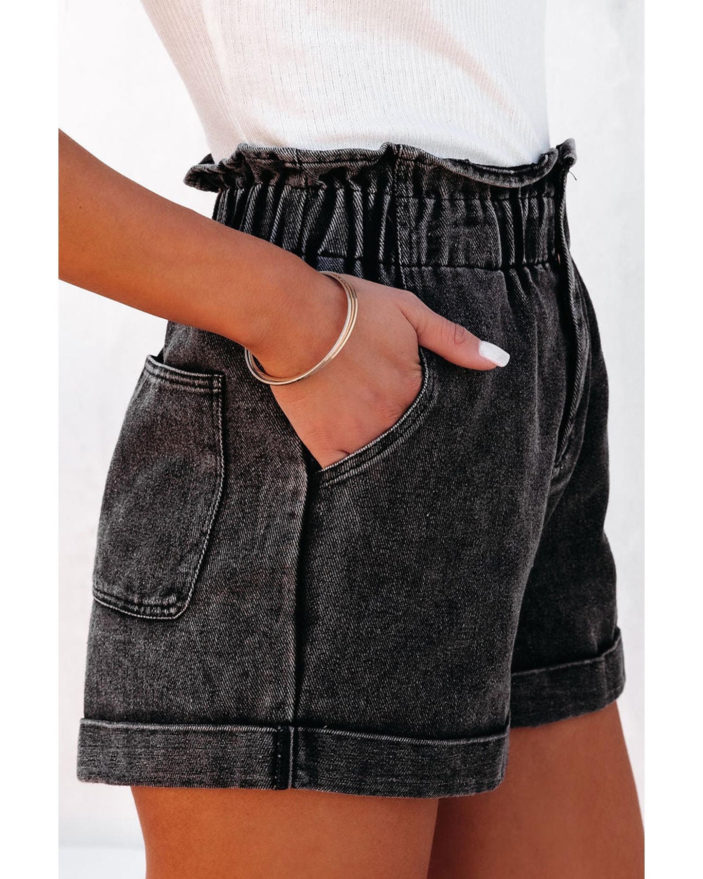 Vintage Washed Frilled High Waist Denim Shorts