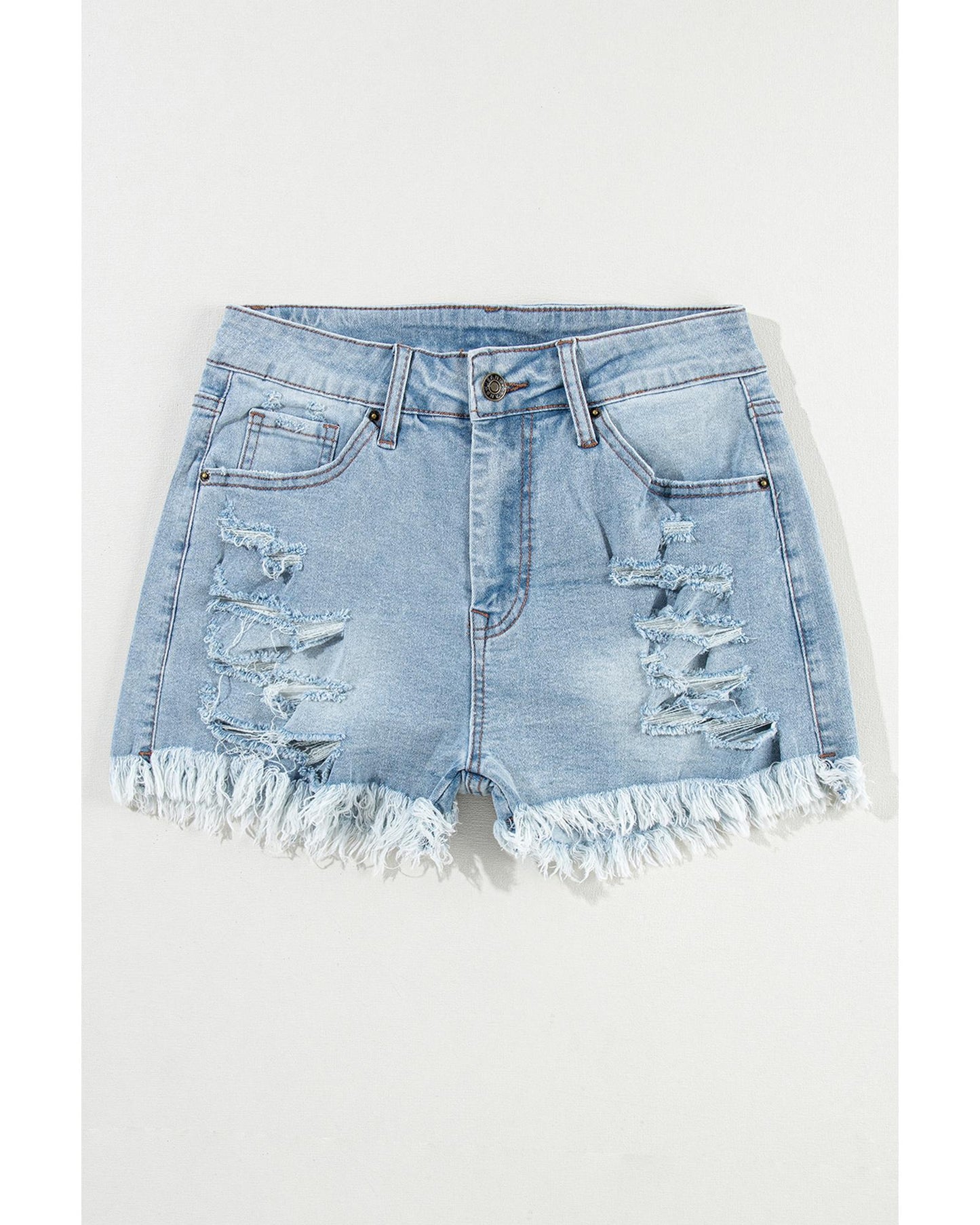 Light Blue Distressed Raw Hem Denim Shorts