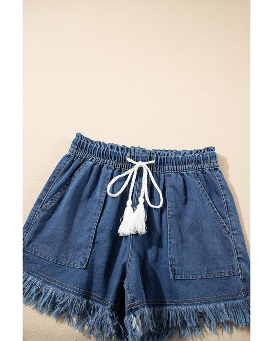 Raw Hem Drawstring High Waist Denim Shorts with Pockets