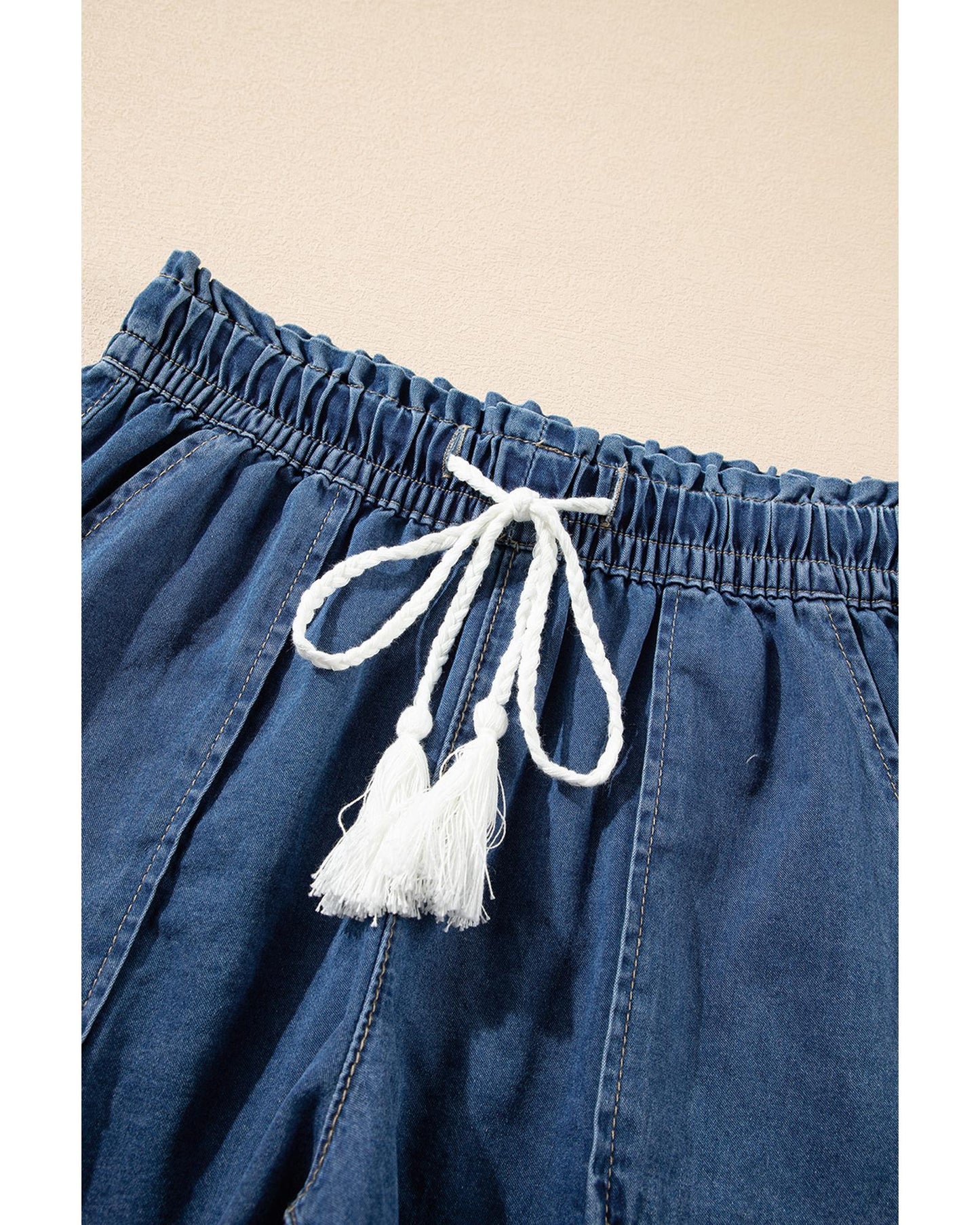 Raw Hem Drawstring High Waist Denim Shorts with Pockets