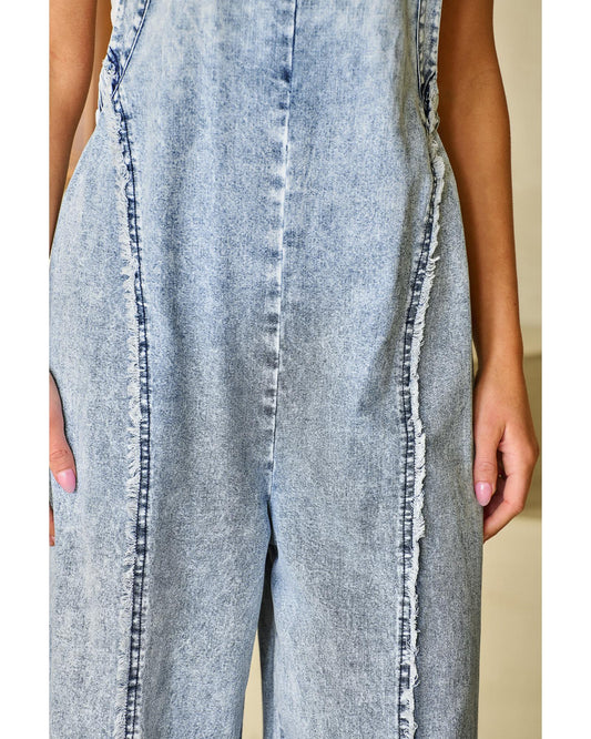 Beau Blue Light Wash Frayed Exposed Seam Wide Leg Denim Jumpsuit