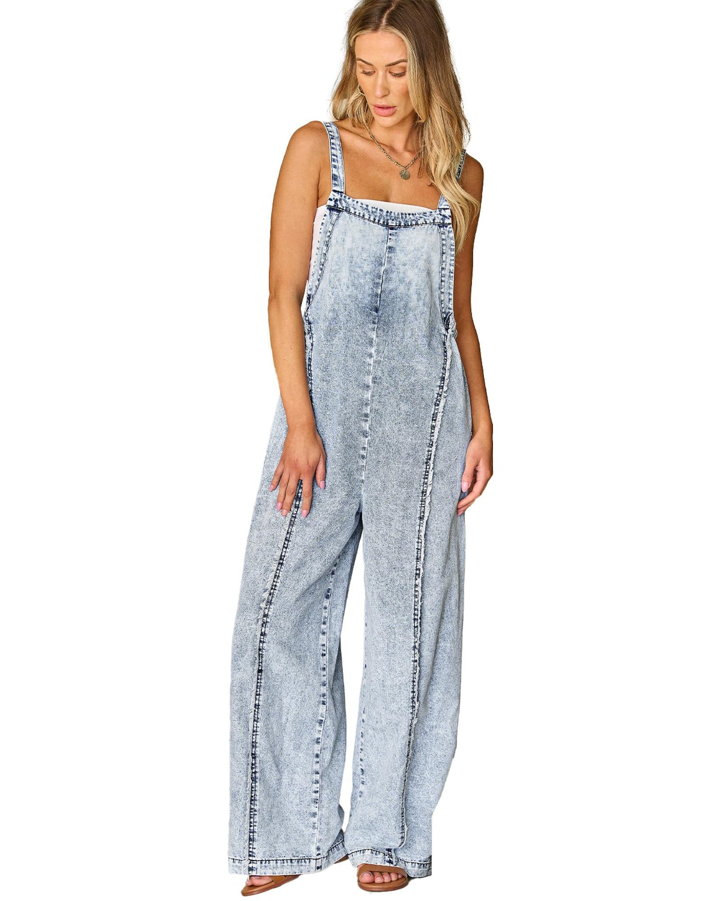 Beau Blue Light Wash Frayed Exposed Seam Wide Leg Denim Jumpsuit