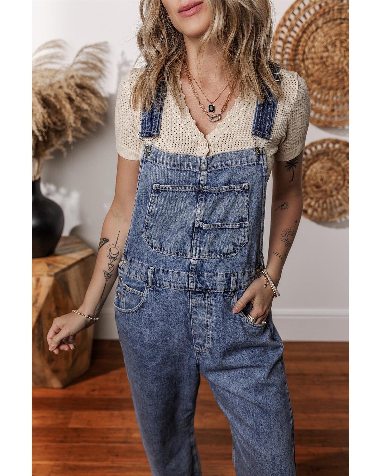 Sail Blue Denim Bib Straight Leg Jumpsuit with Pockets