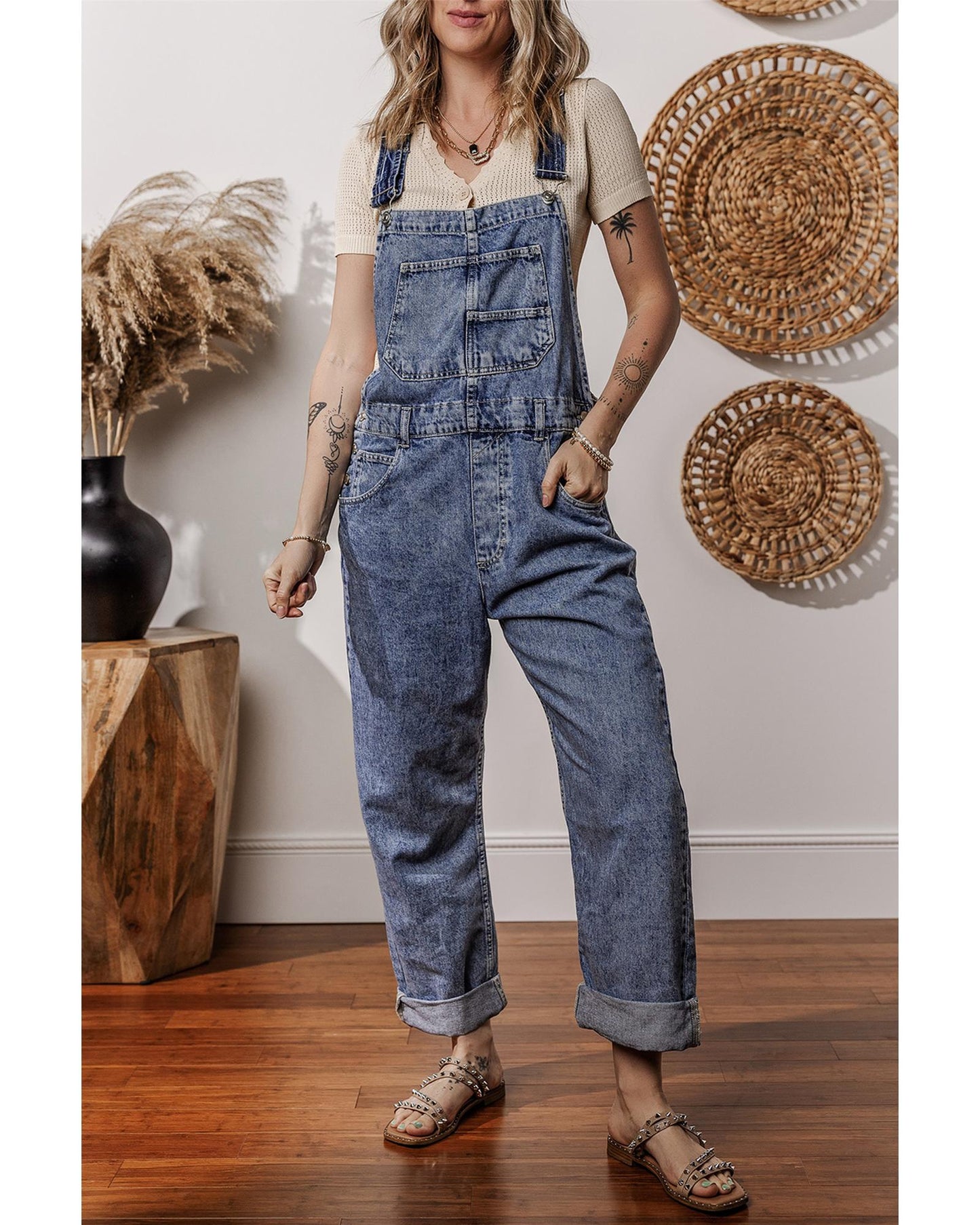 Sail Blue Denim Bib Straight Leg Jumpsuit with Pockets