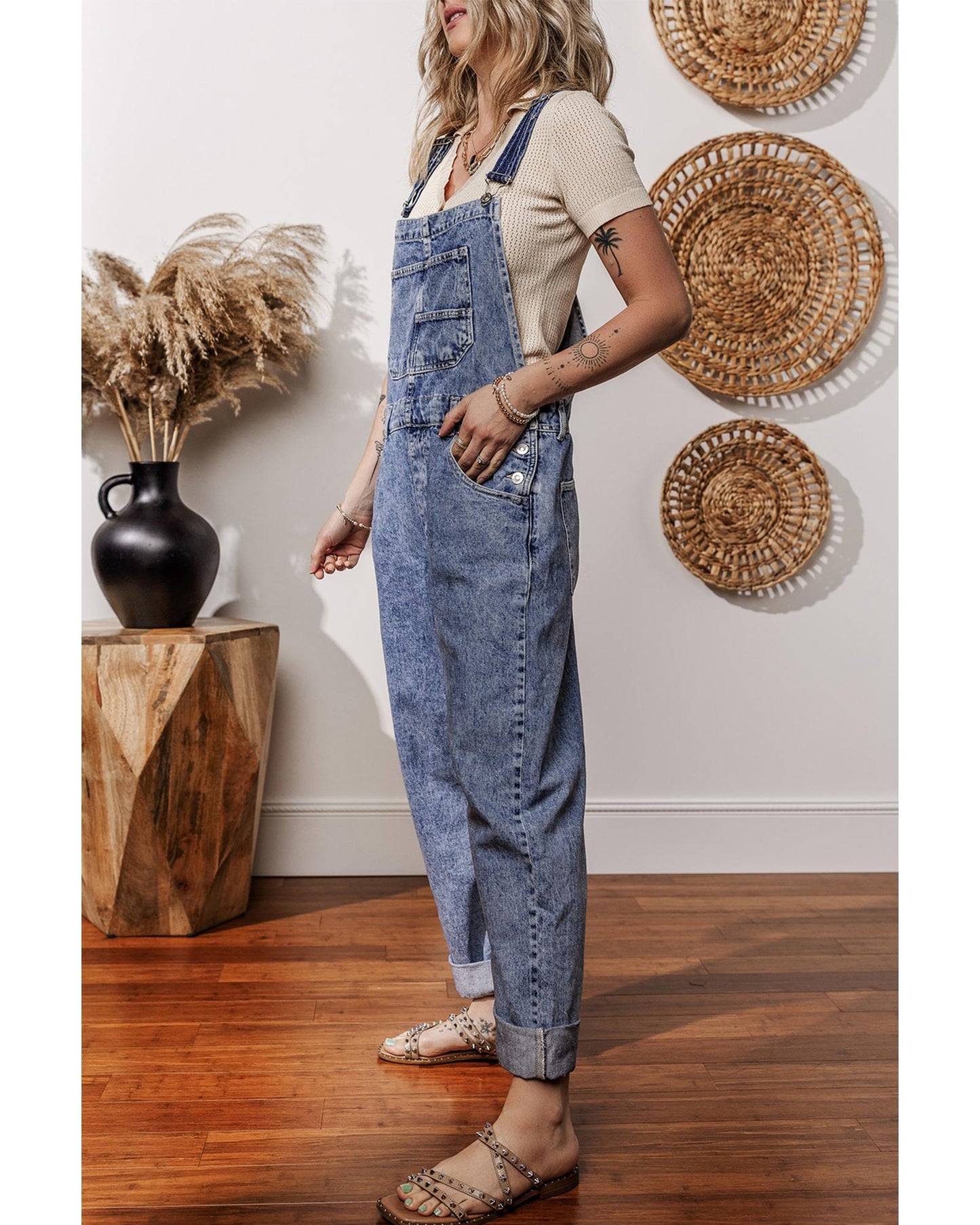 Sail Blue Denim Bib Straight Leg Jumpsuit with Pockets