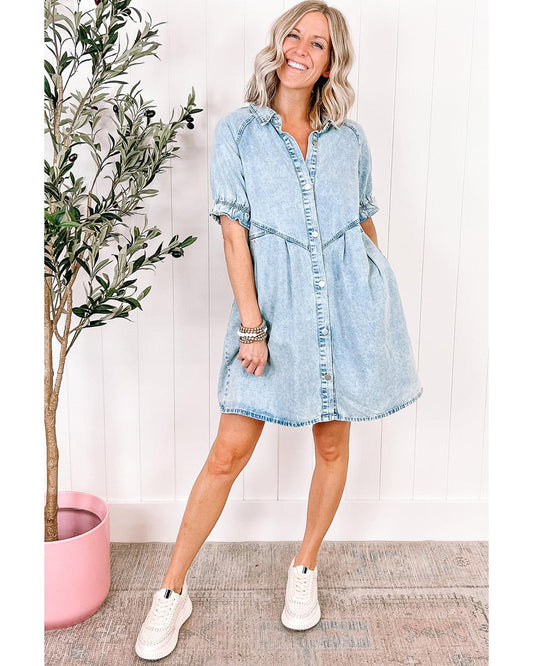 Beau Blue Women's Mineral Wash Ruffled Buttoned Denim Dress