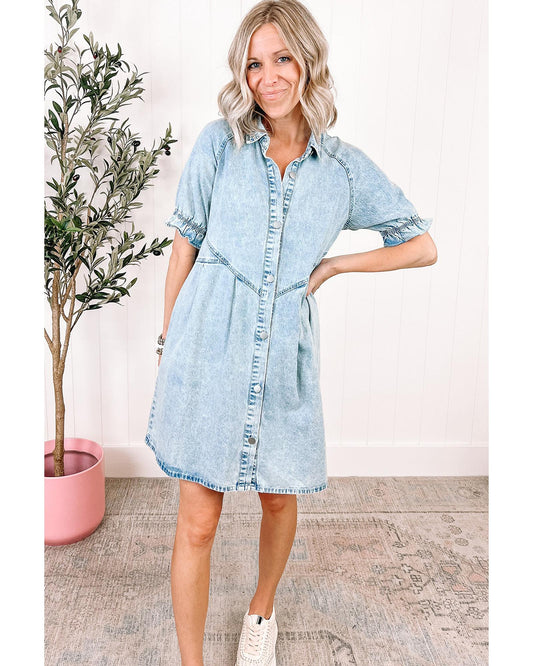Beau Blue Women's Mineral Wash Ruffled Buttoned Denim Dress