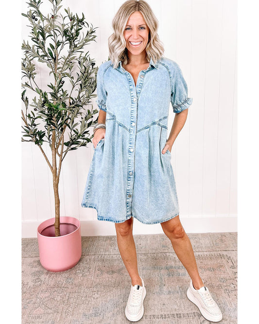 Beau Blue Women's Mineral Wash Ruffled Buttoned Denim Dress