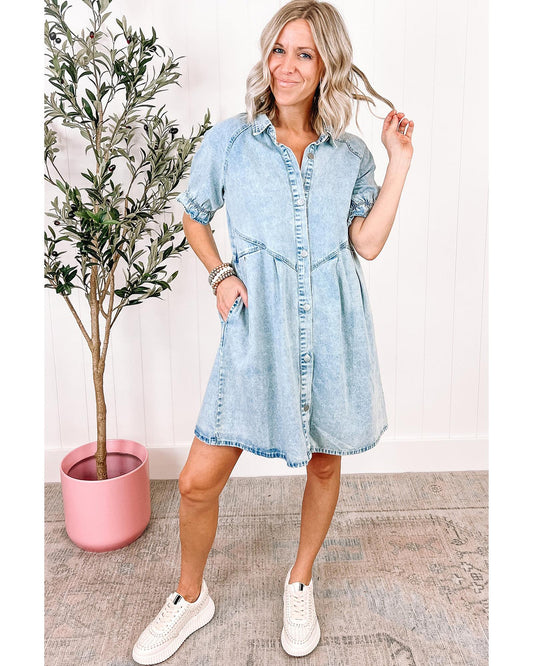 Beau Blue Women's Mineral Wash Ruffled Buttoned Denim Dress