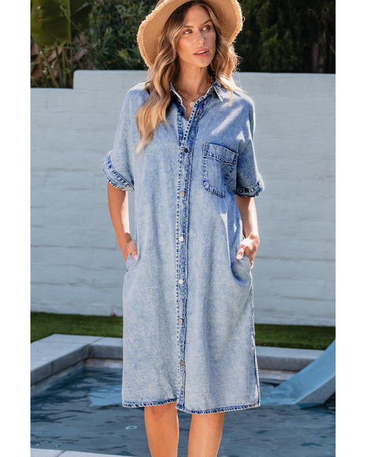 Light Blue Loose Medium Wash Shirt Chambray Dress