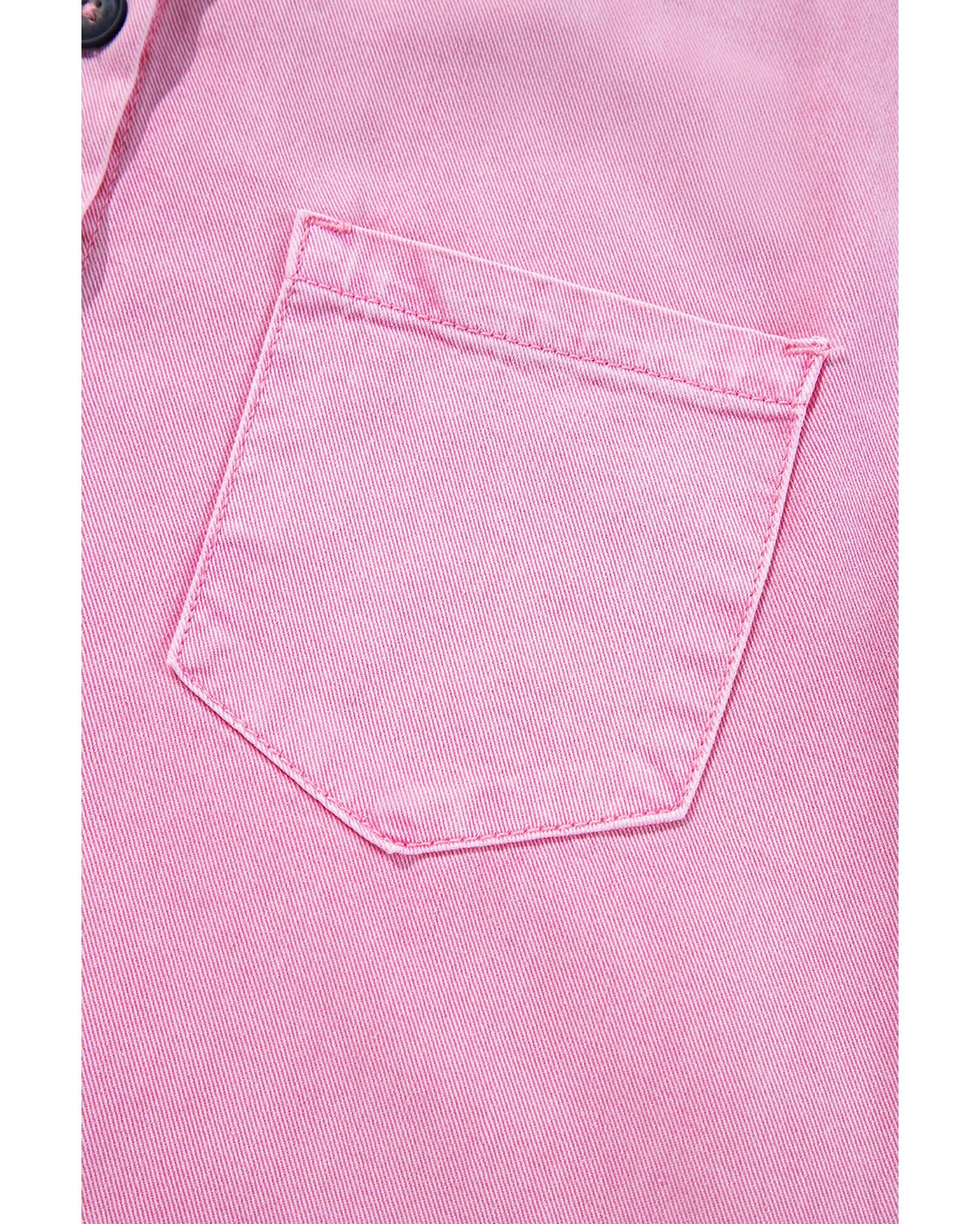 Pink Short Sleeve Double Chest Pocket Denim Shirt Dress