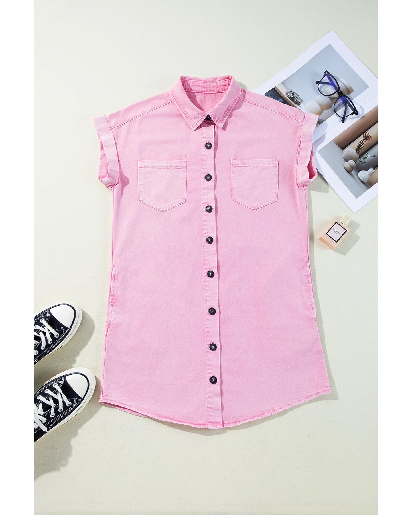 Pink Short Sleeve Double Chest Pocket Denim Shirt Dress
