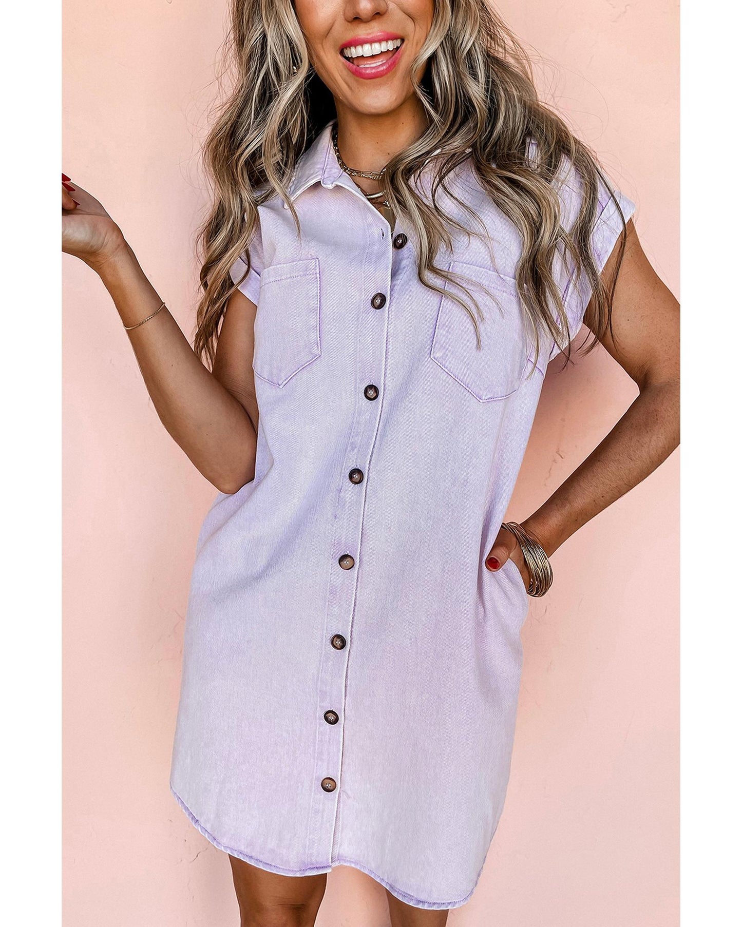 Orchid Petal Double Chest Pocket Denim Shirt Dress
