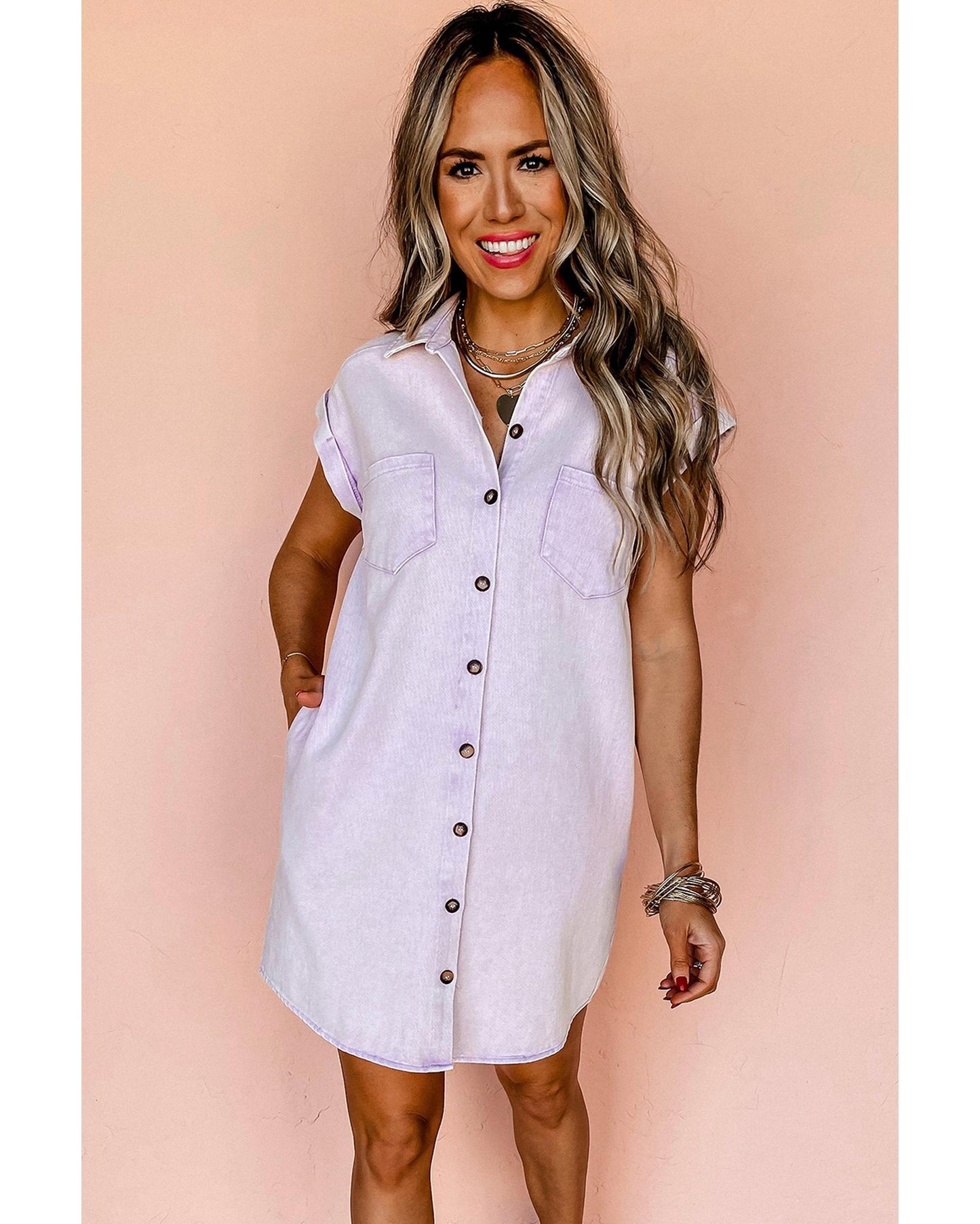 Orchid Petal Double Chest Pocket Denim Shirt Dress