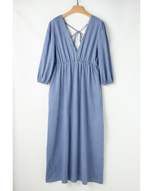 Myosotis Chambray V Neck Bracelet Sleeve Maxi Dress