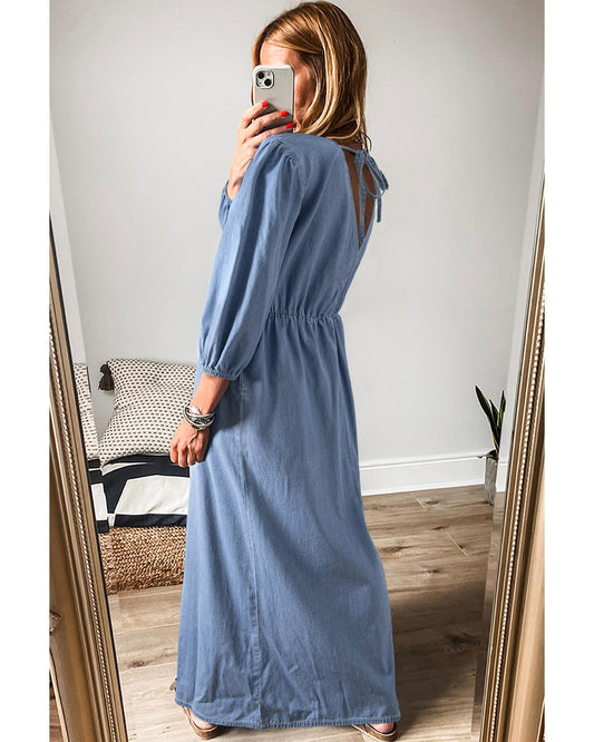Myosotis Chambray V Neck Bracelet Sleeve Maxi Dress