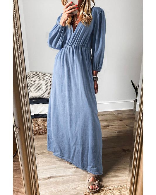 Myosotis Chambray V Neck Bracelet Sleeve Maxi Dress