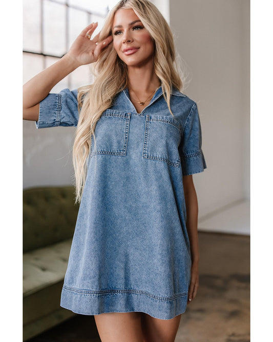 Beau Blue Collared Patched Pocket Denim Mini Dress