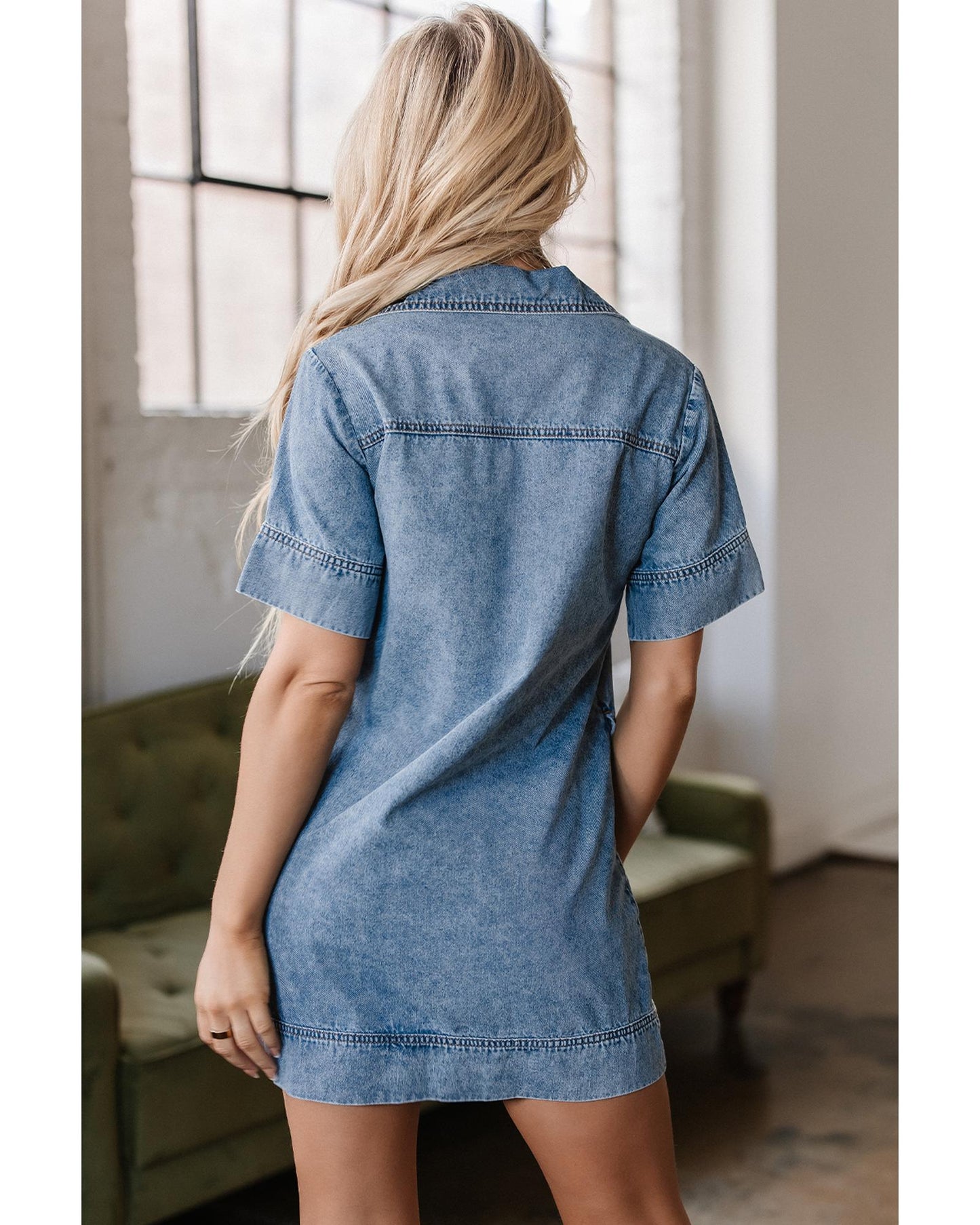 Beau Blue Collared Patched Pocket Denim Mini Dress