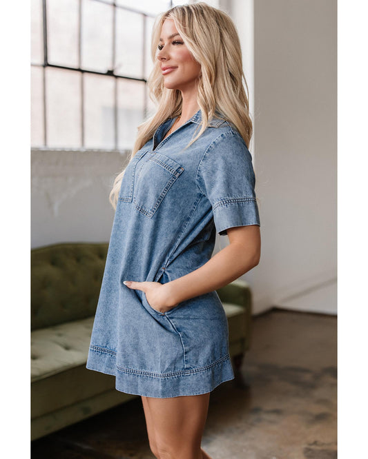 Beau Blue Collared Patched Pocket Denim Mini Dress
