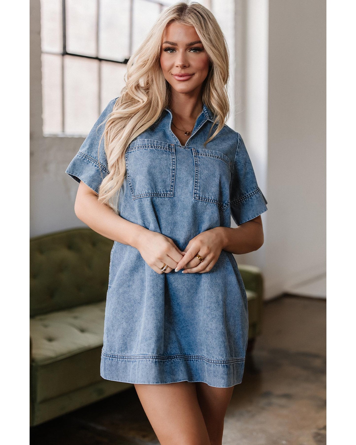 Beau Blue Collared Patched Pocket Denim Mini Dress